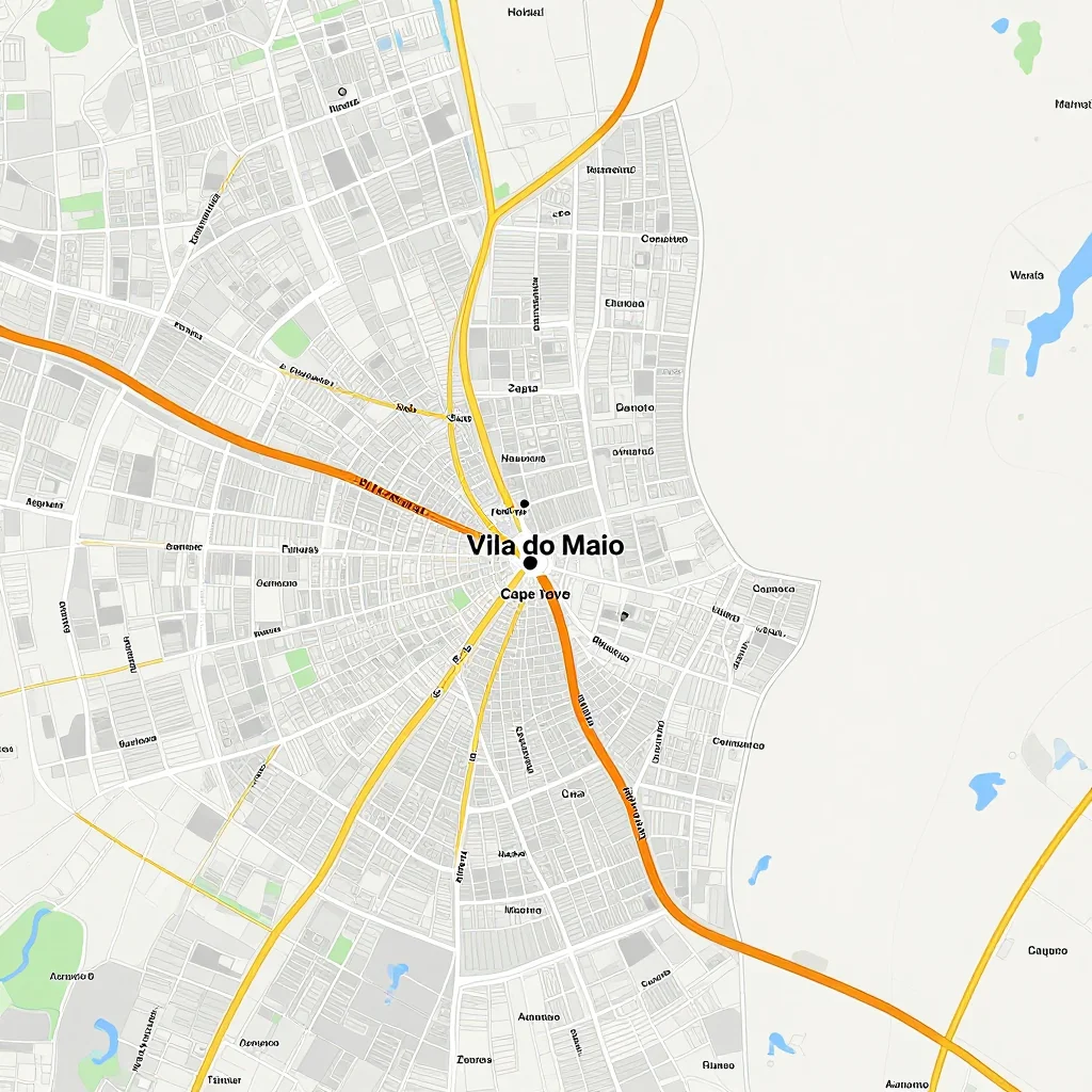 Detailed street map showing roads, highways, neighborhoods, and urban layout of Vila do Maio, Cape Verde