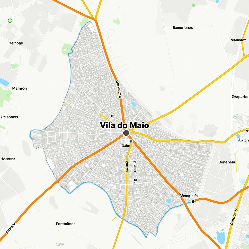Detailed street map showing roads, highways, neighborhoods, and urban layout of Vila do Maio, Cape Verde