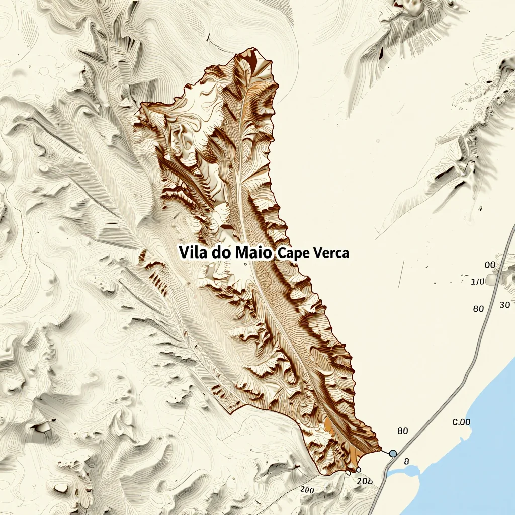 3D topographic map showing elevation contours, mountain ranges, and terrain features of Vila do Maio, Cape Verde