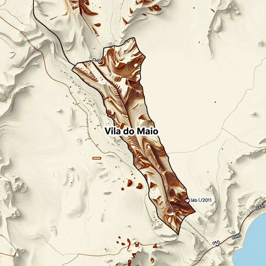3D topographic map showing elevation contours, mountain ranges, and terrain features of Vila do Maio, Cape Verde