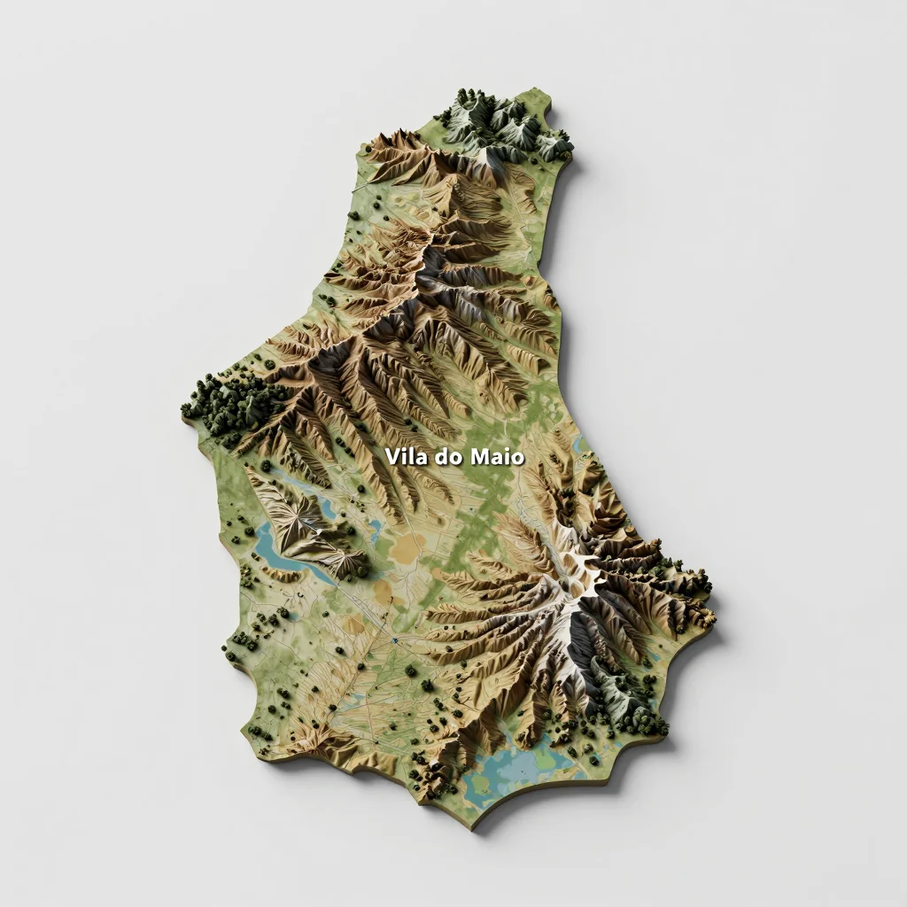 Isometric 3D topographic visualization showing elevation and terrain of Vila do Maio, Cape Verde