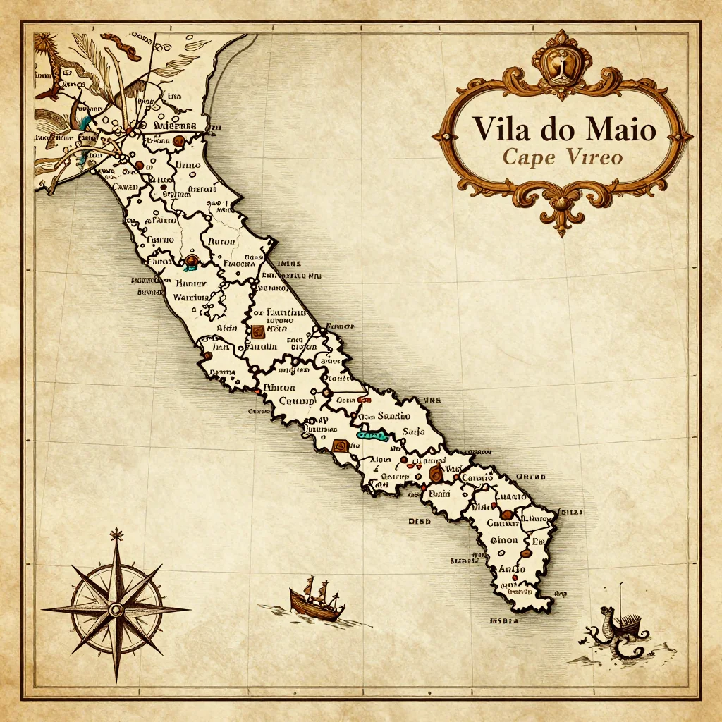 Antique vintage map of Vila do Maio, Cape Verde showing historical cartography style