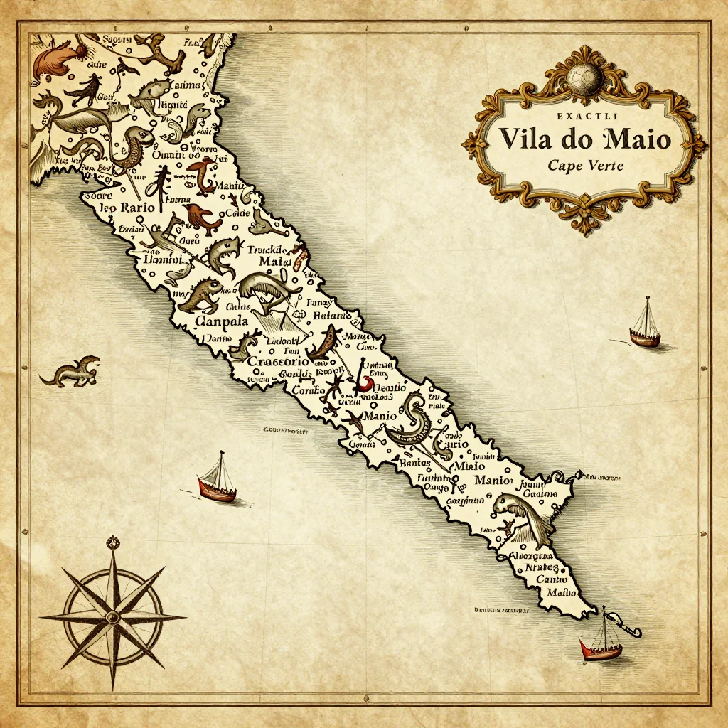 Antique vintage map of Vila do Maio, Cape Verde showing historical cartography style