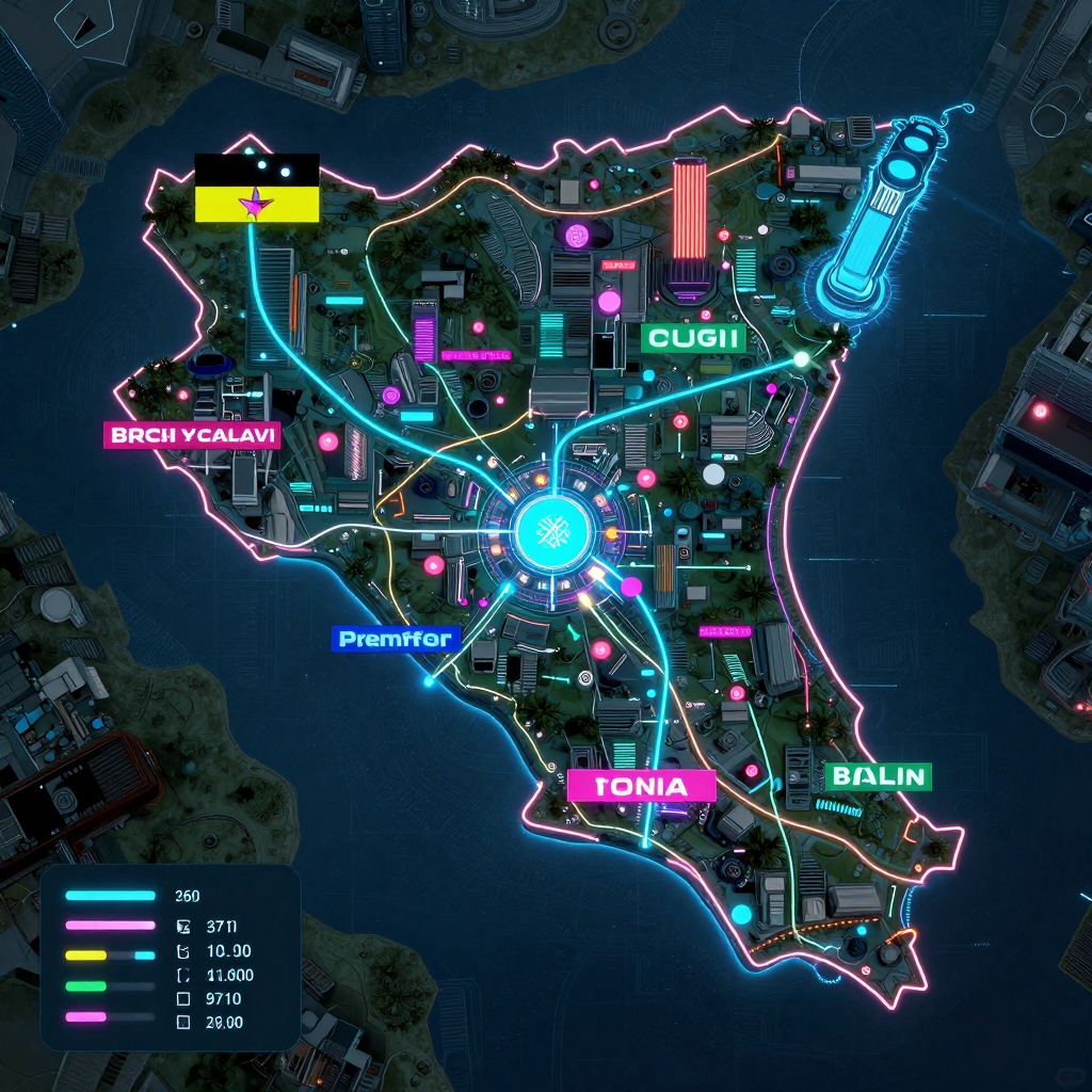 Cyberpunk style digital map of Abomey-Calavi, Benin with neon grid lines and futuristic UI design
