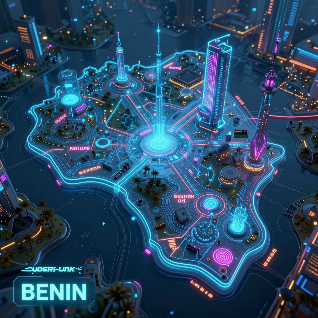 Cyberpunk style digital map of Allada, Benin with neon grid lines and futuristic UI design