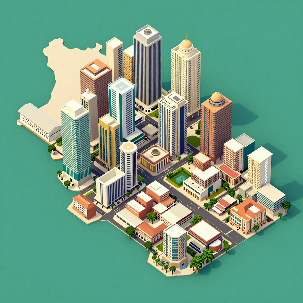 Isometric flat design tourist map of Allada, Benin showing landmarks, attractions, and points of interest