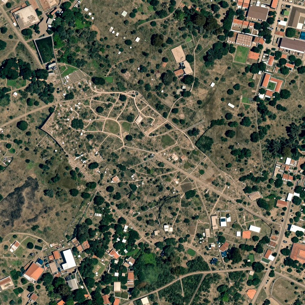 High-resolution satellite image of Allada, Benin showing land cover, urban areas, and natural features from space