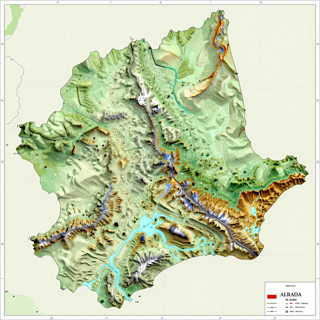 3D topographic map showing elevation contours, mountain ranges, and terrain features of Allada, Benin