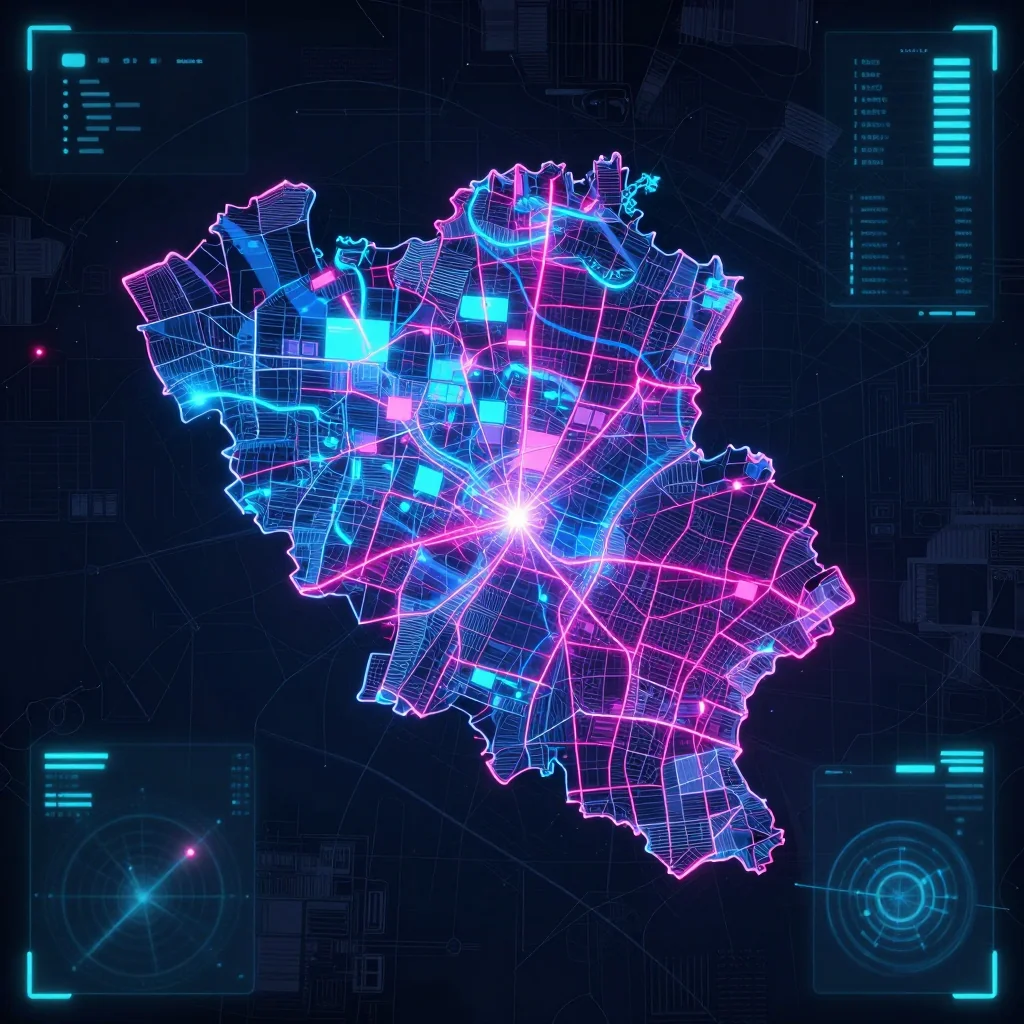 Cyberpunk style digital map of Antwerpen, Belgium with neon grid lines and futuristic UI design