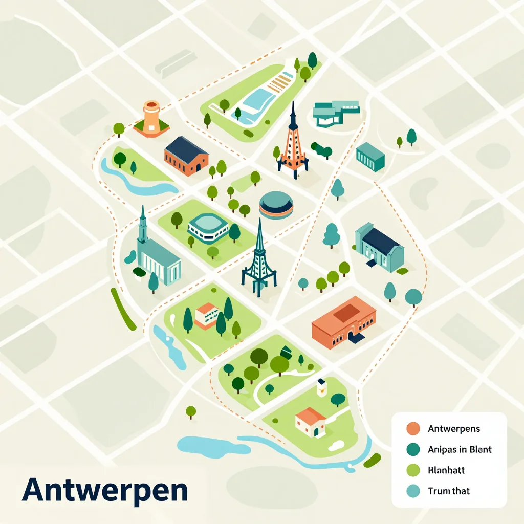 Isometric flat design tourist map of Antwerpen, Belgium showing landmarks, attractions, and points of interest