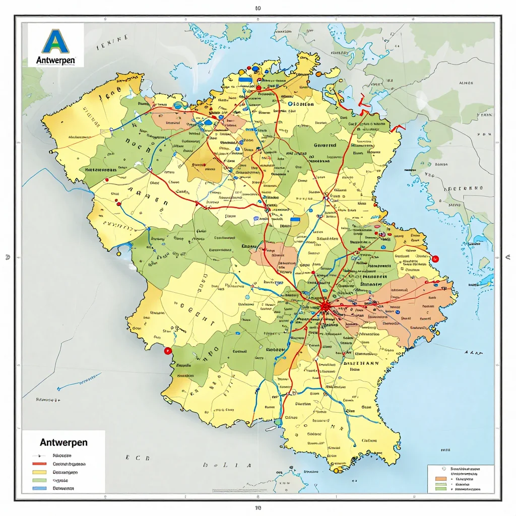 Political map showing borders, administrative divisions, major cities, and capital of Antwerpen, Belgium