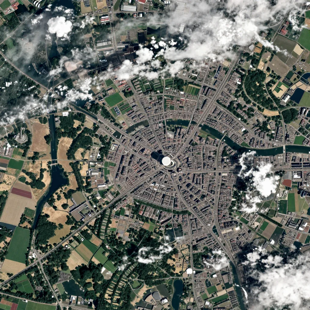 High-resolution satellite image of Antwerpen, Belgium showing land cover, urban areas, and natural features from space