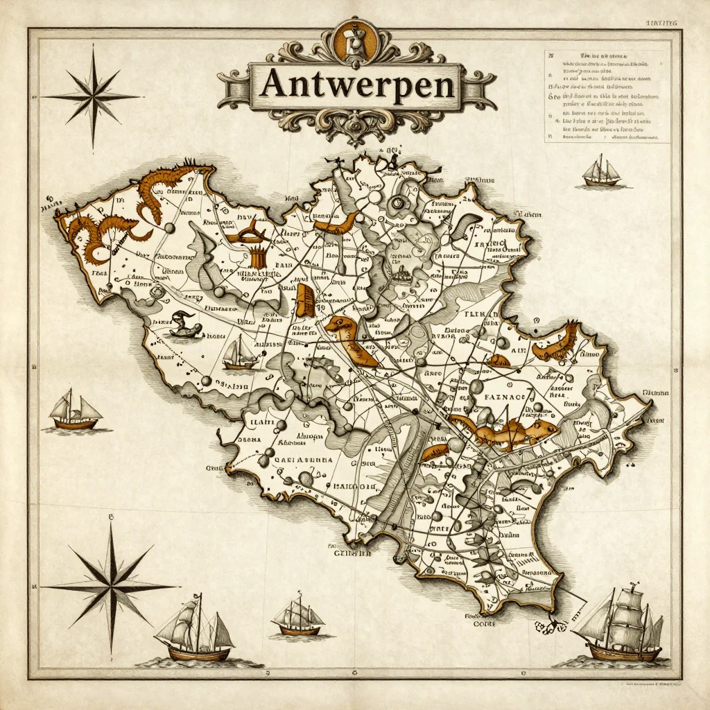 Antique vintage map of Antwerpen, Belgium showing historical cartography style from 17th century