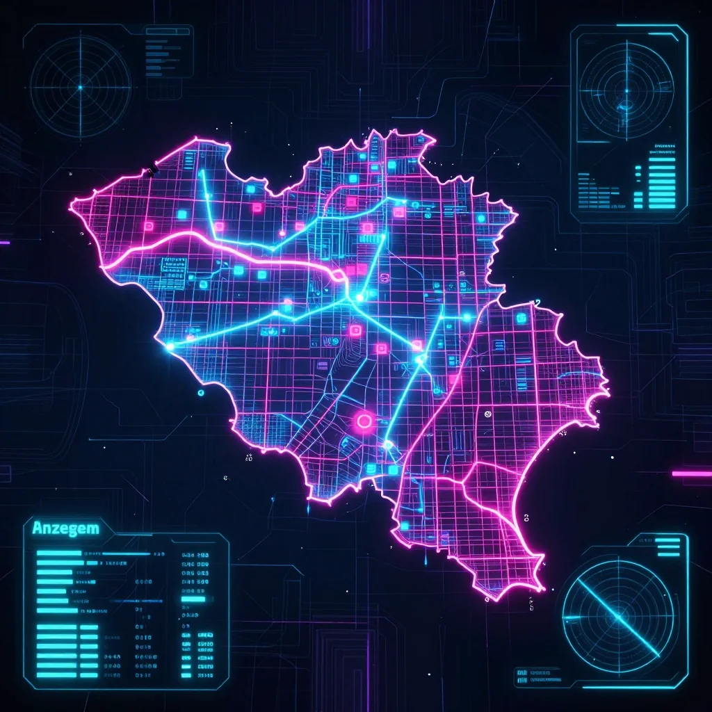 Cyberpunk style digital map of Anzegem, Belgium with neon grid lines and futuristic UI design