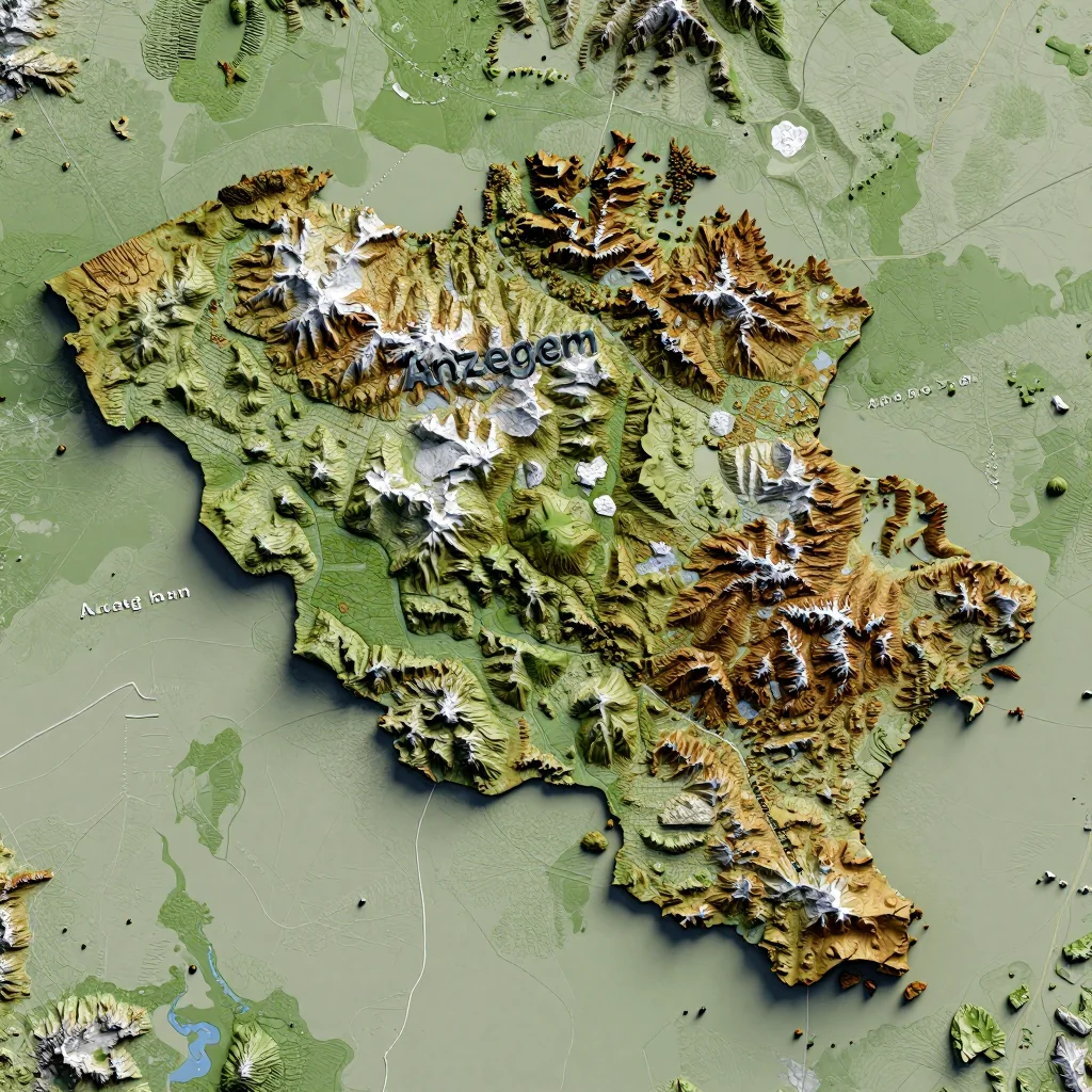 3D topographic map showing elevation contours, mountain ranges, and terrain features of Anzegem, Belgium