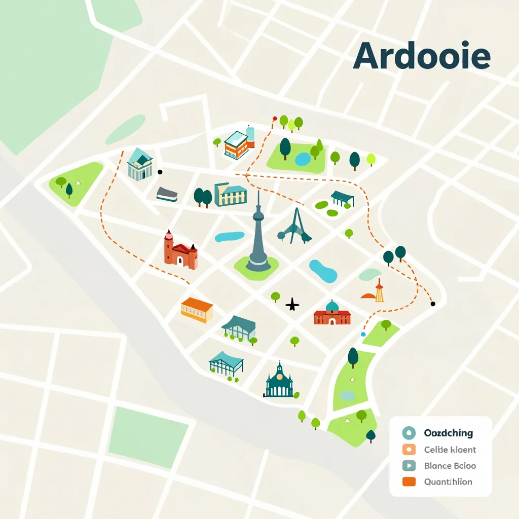 Isometric Tourist Map of Ardooie, Belgium - Flat Design Isometric flat design tourist map of Ardooie, Belgium showing landmarks, attractions, and points of interest