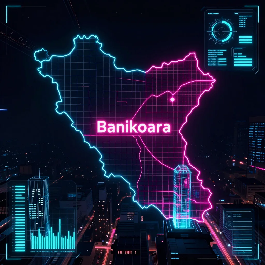 Cyberpunk style digital map of Banikoara, Benin with neon grid lines and futuristic UI design