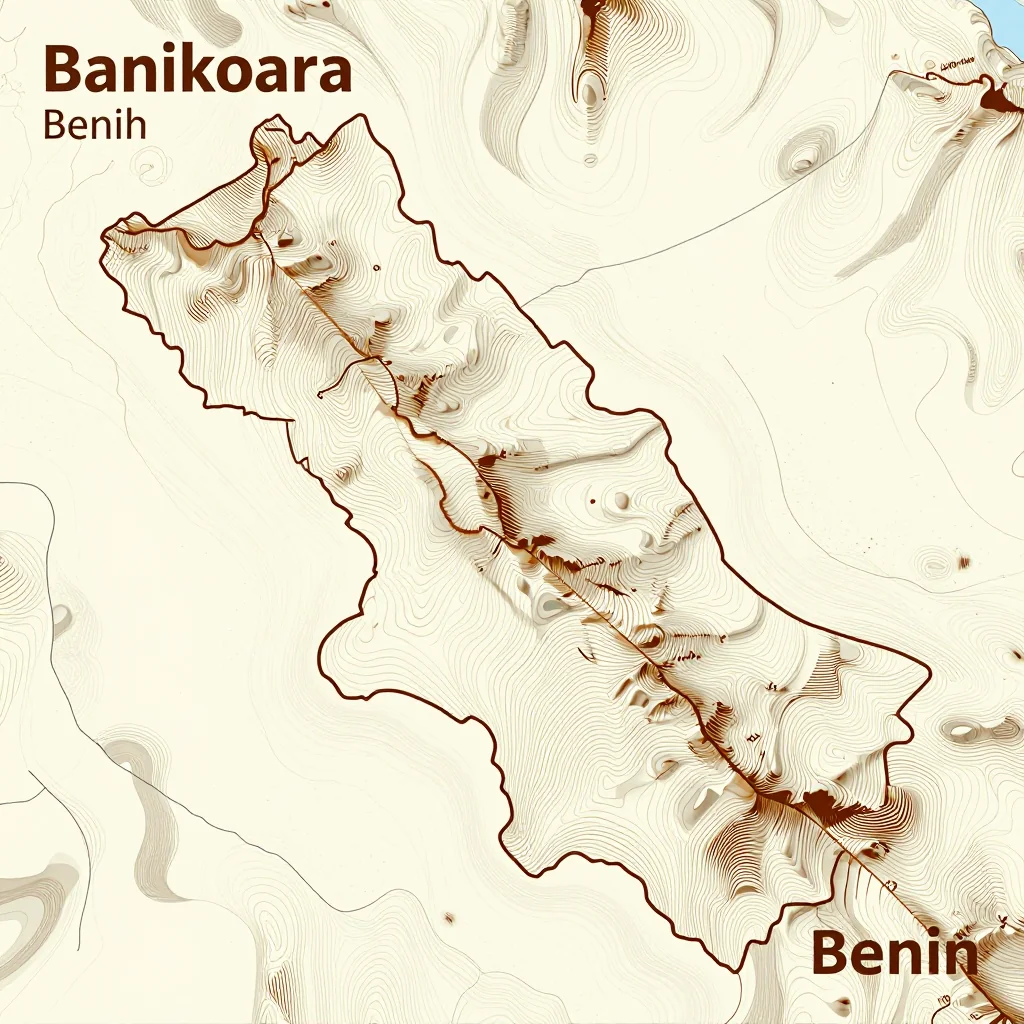 3D topographic map showing elevation contours, mountain ranges, and terrain features of Banikoara, Benin