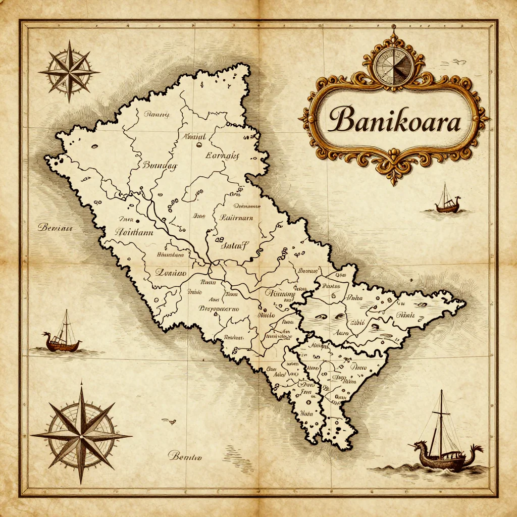 Antique vintage map of Banikoara, Benin showing historical cartography style