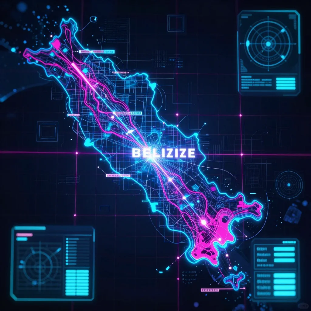 Cyberpunk style digital map of Belize City, Belize with neon grid lines and futuristic UI design