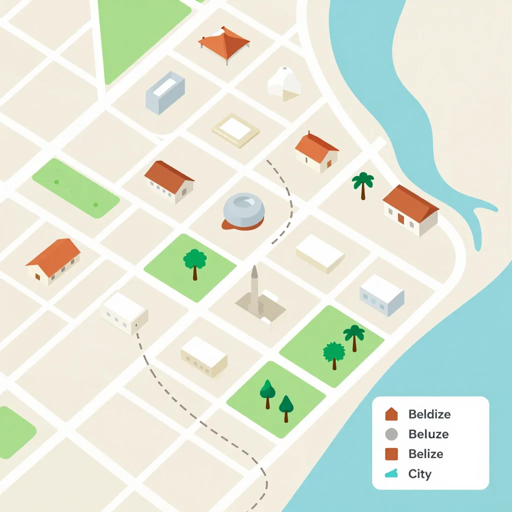Isometric flat design tourist map of Belize City, Belize showing landmarks, attractions, and points of interest