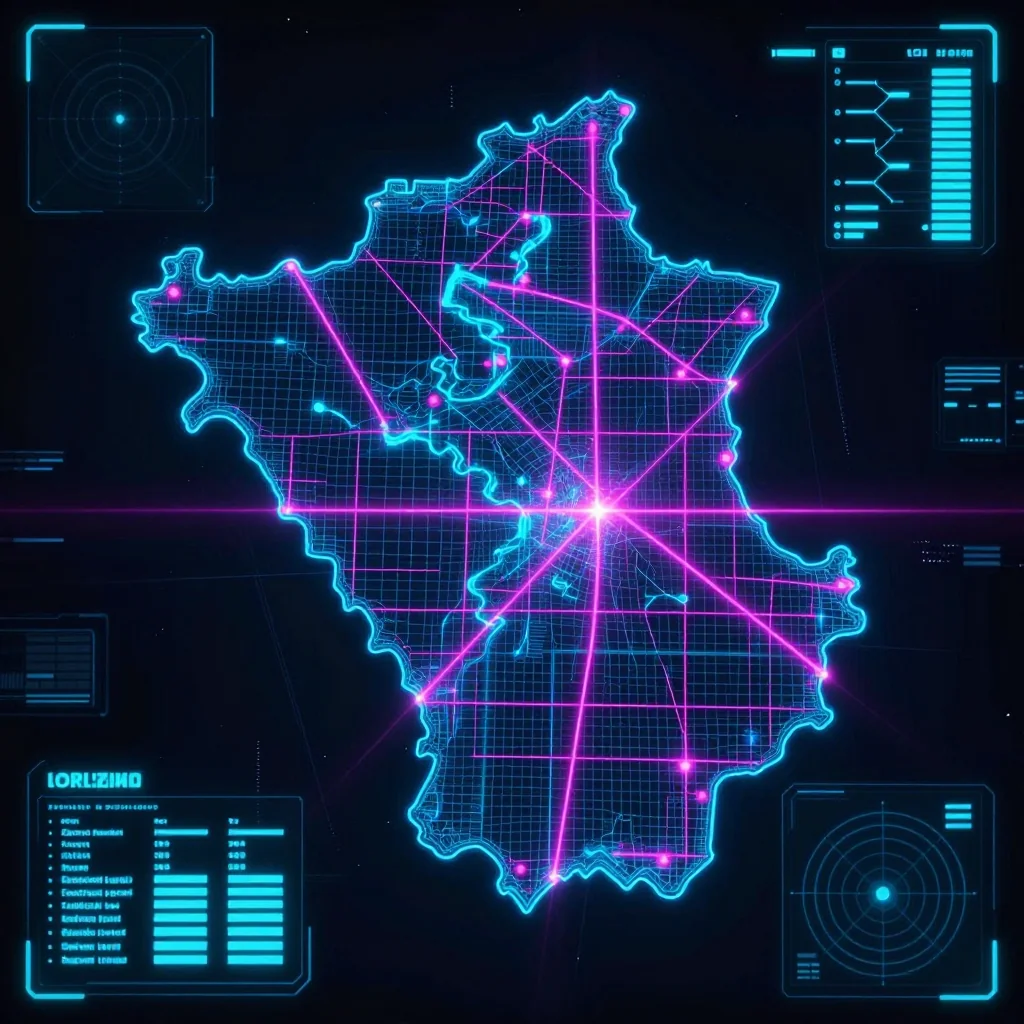 Cyberpunk style digital map of Belize with neon grid lines and futuristic UI design