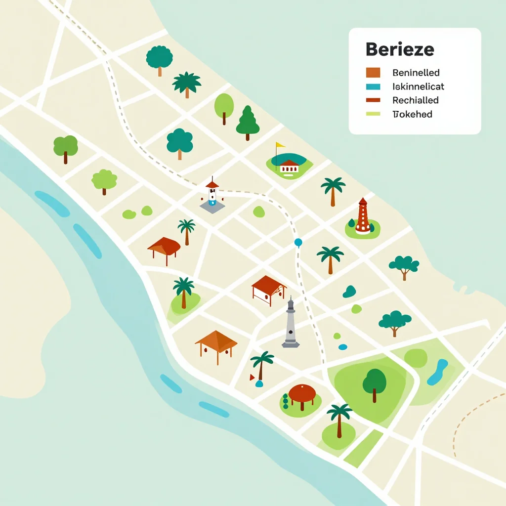 Isometric flat design tourist map of Belize showing landmarks, attractions, and points of interest