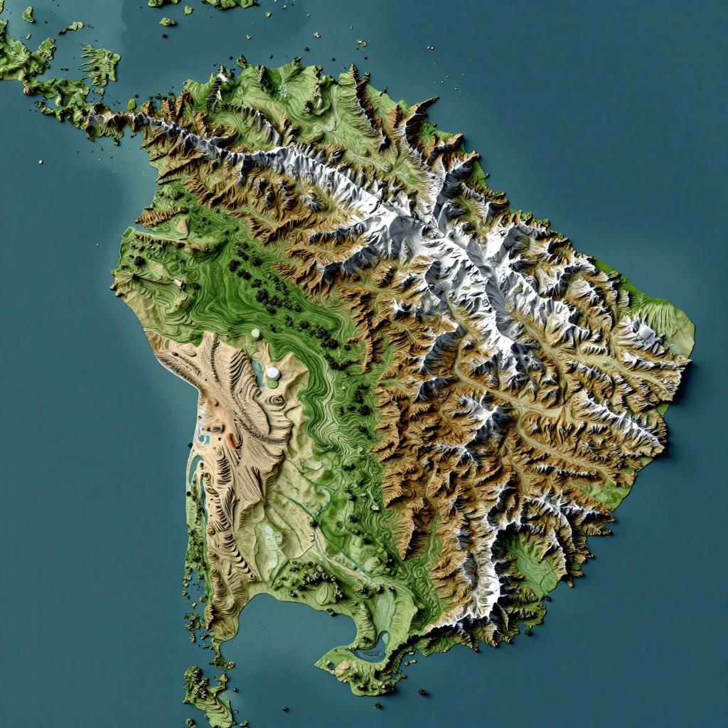 3D topographic map showing elevation contours, mountain ranges, and terrain features of Belize