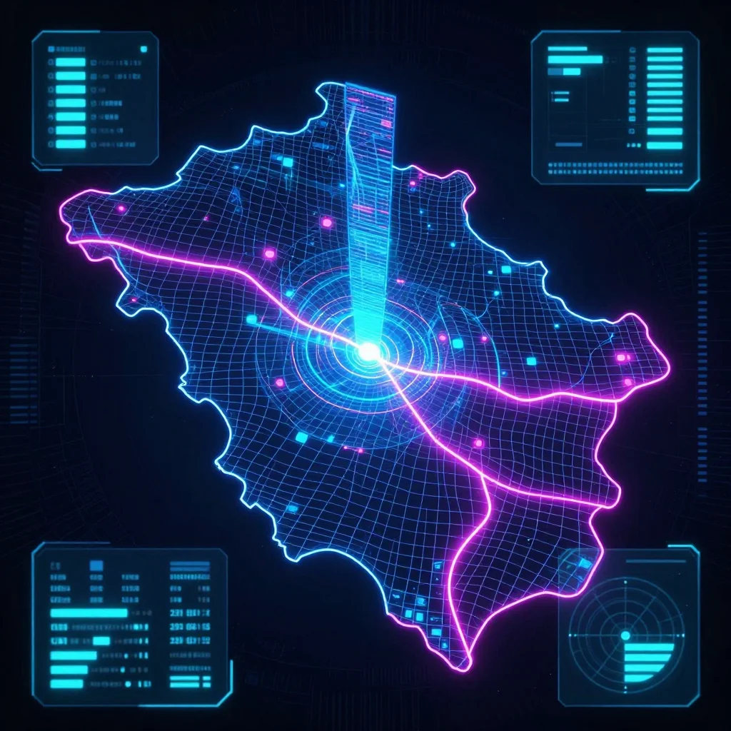 Futuristic Cyberpunk Map of Belmopan, Belize Cyberpunk style digital map of Belmopan, Belize with neon grid lines and futuristic UI design