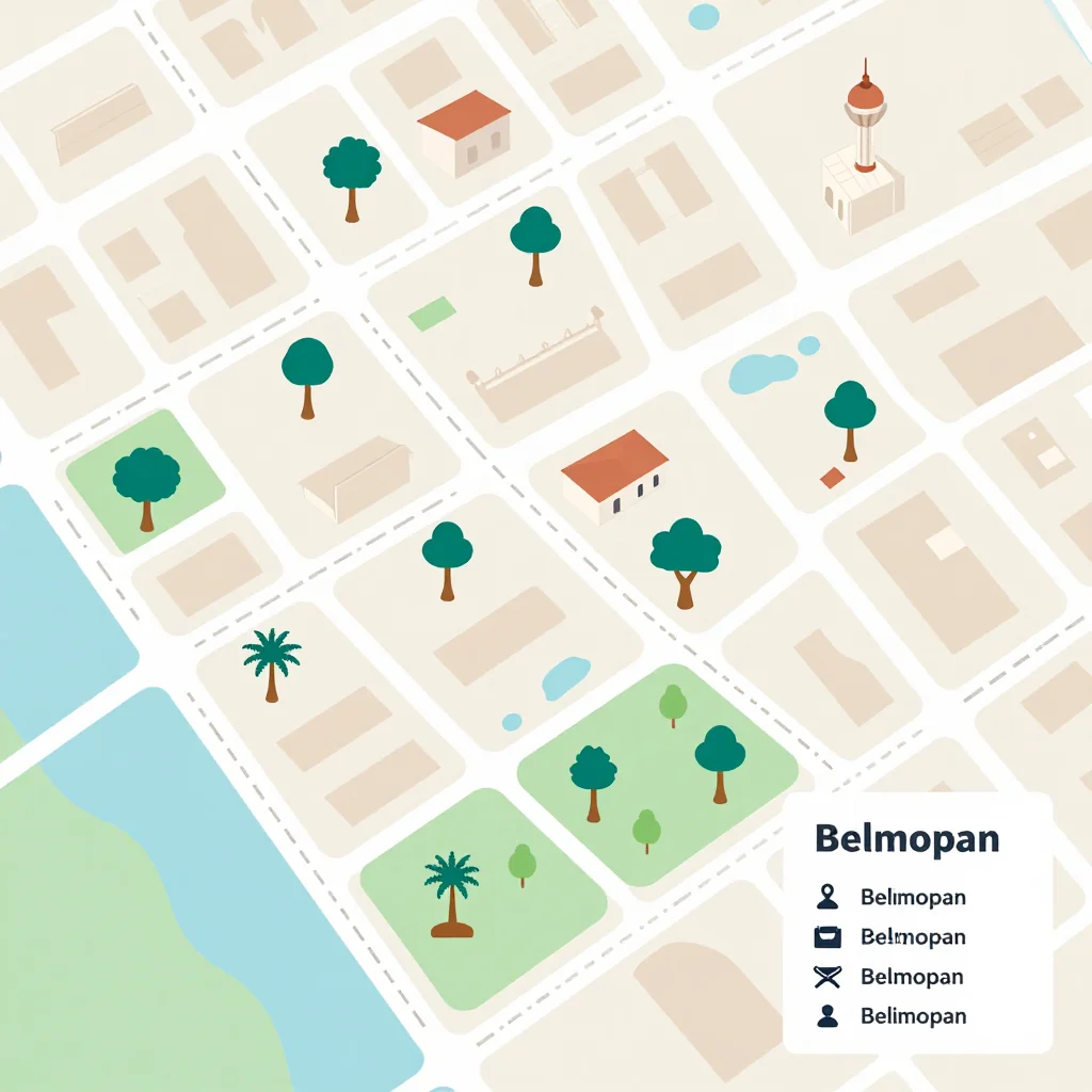 Isometric Tourist Map of Belmopan, Belize - Flat Design Isometric flat design tourist map of Belmopan, Belize showing landmarks, attractions, and points of interest
