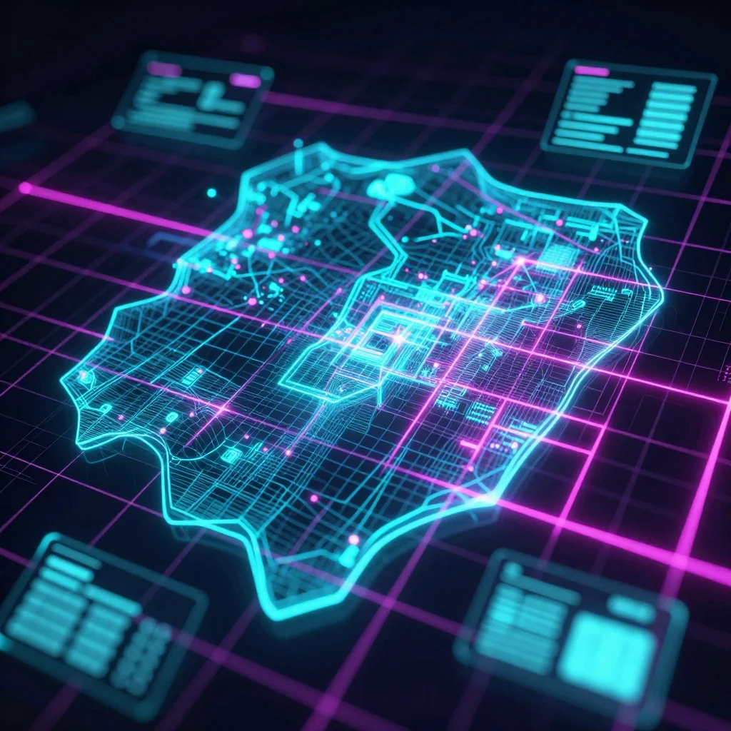 Cyberpunk style digital map of Benin with neon grid lines and futuristic UI design