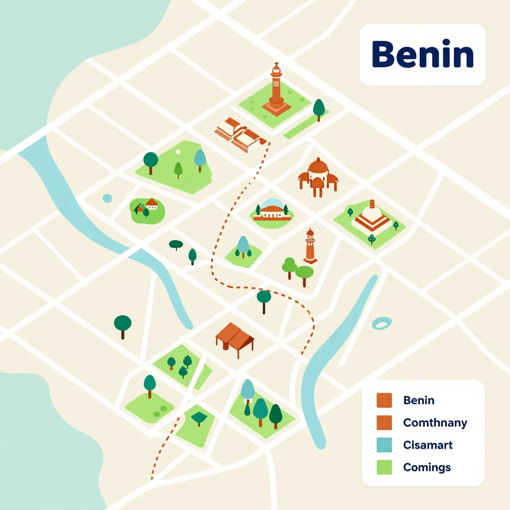 Isometric flat design tourist map of Benin showing landmarks and attractions