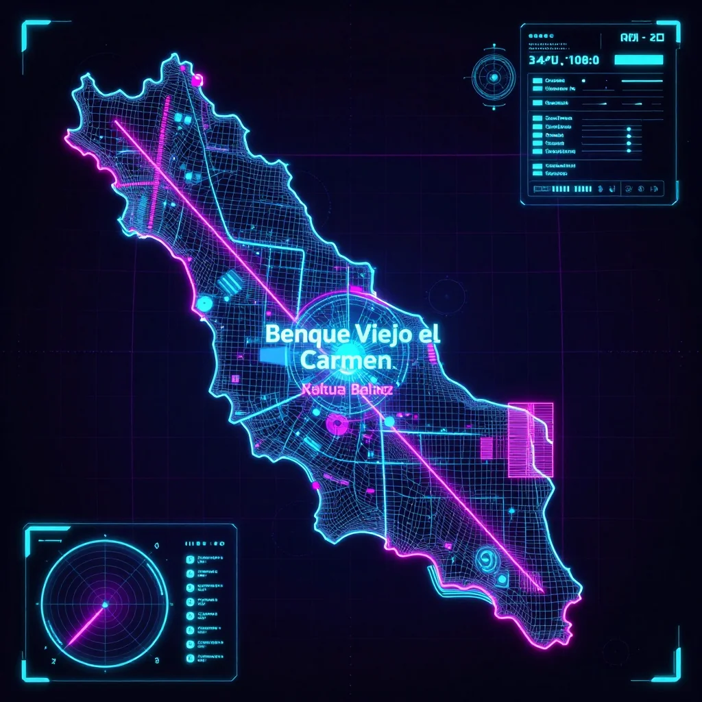 Cyberpunk style digital map of Benque Viejo el Carmen, Belize with neon grid lines and futuristic UI design