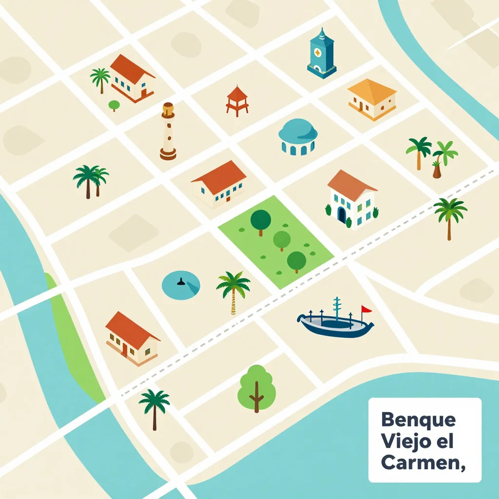 Isometric flat design tourist map of Benque Viejo el Carmen, Belize showing landmarks, attractions, and points of interest