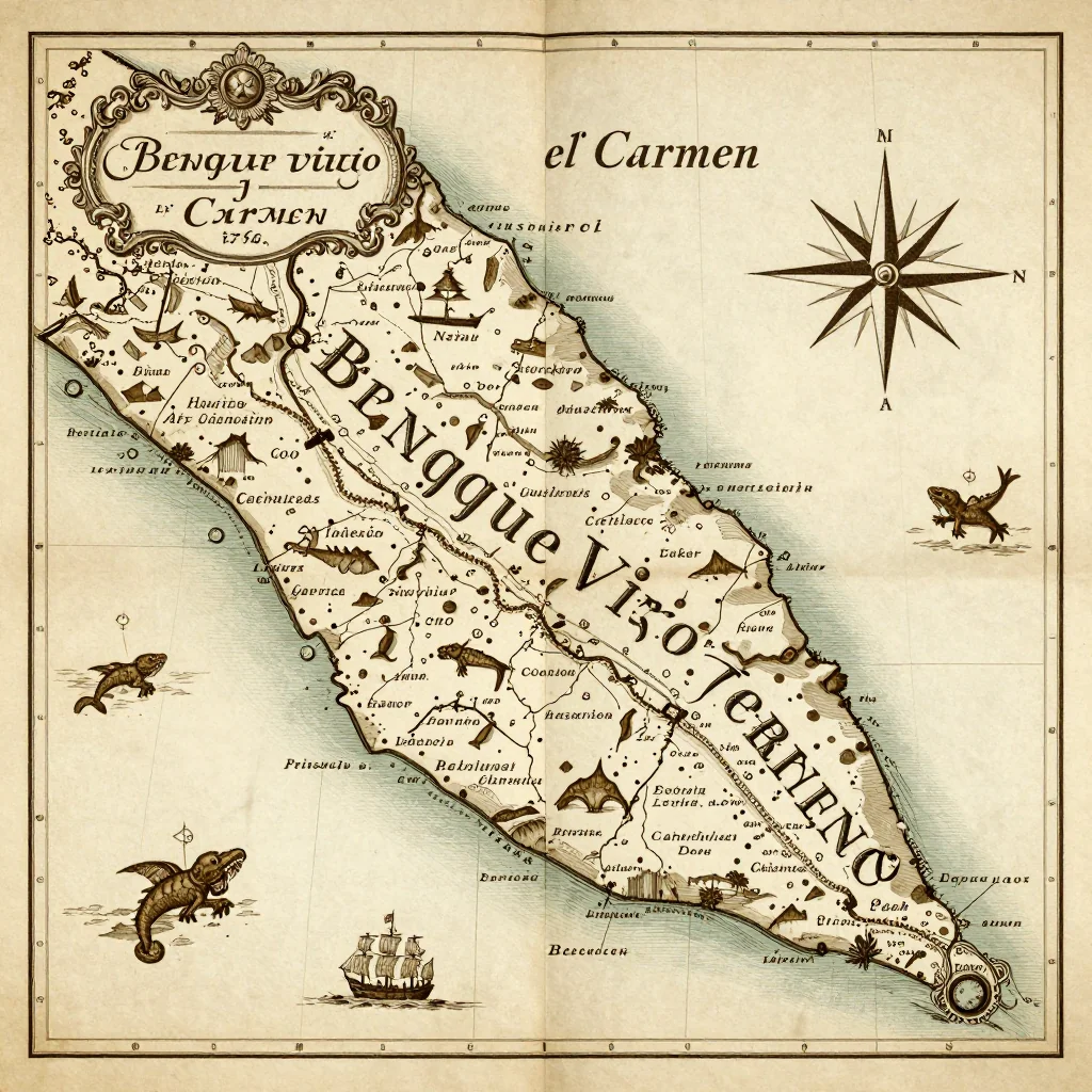 Antique vintage map of Benque Viejo el Carmen, Belize showing historical cartography style from 17th century