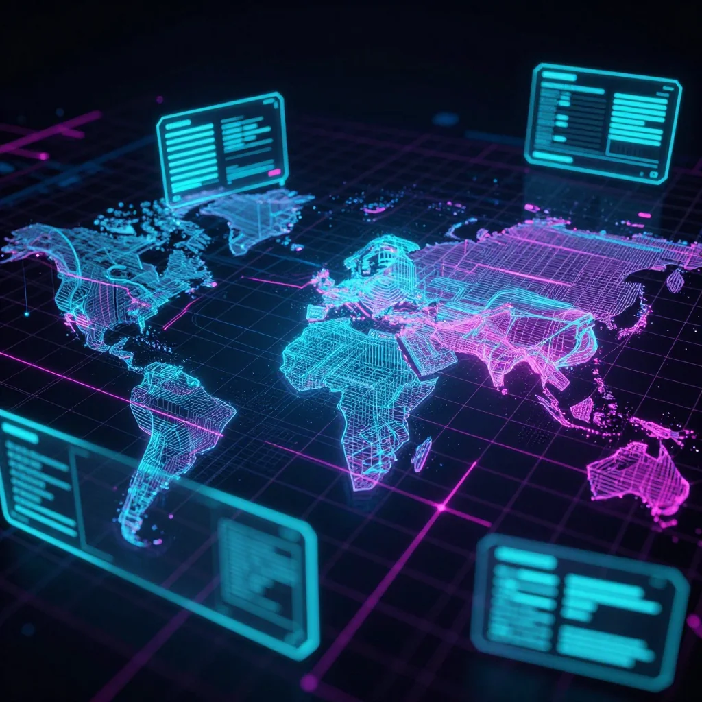 Cyberpunk style digital map of Bermuda with neon grid lines and futuristic UI design