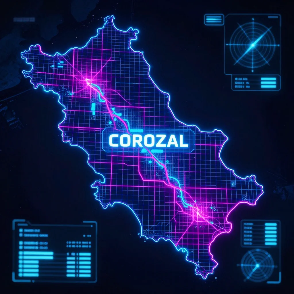 Cyberpunk style digital map of Corozal, Belize with neon grid lines and futuristic UI design