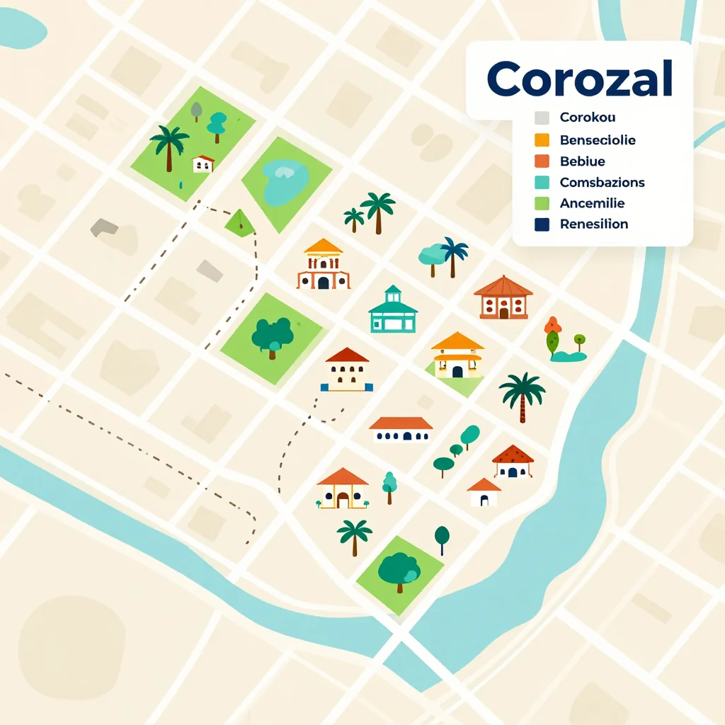Isometric flat design tourist map of Corozal, Belize showing landmarks, attractions, and points of interest