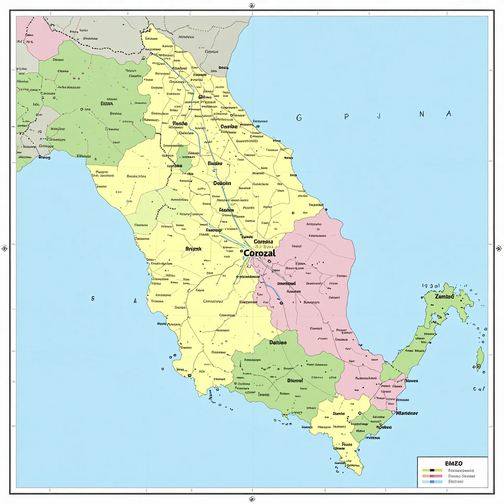 Political map showing borders, administrative divisions, major cities, and capital of Corozal, Belize