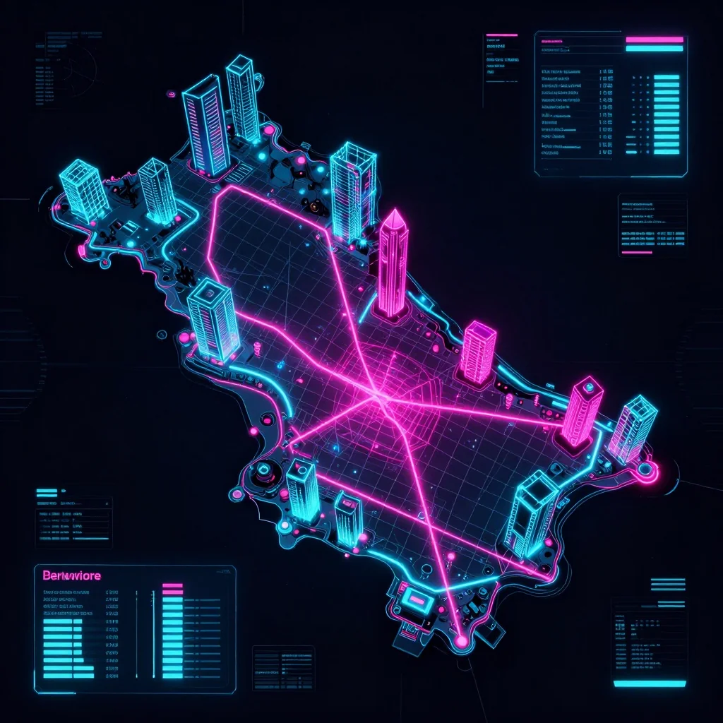 Cyberpunk style digital map of Devonshire, Bermuda with neon grid lines and futuristic UI design