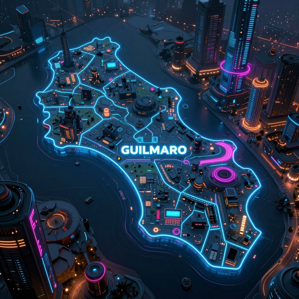 Cyberpunk style digital map of Guilmaro, Benin with neon grid lines and futuristic UI design