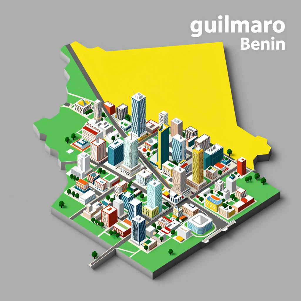 Isometric flat design tourist map of Guilmaro, Benin showing landmarks, attractions, and points of interest