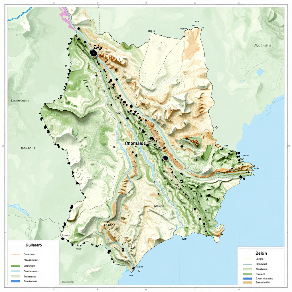 3D topographic map showing elevation contours, mountain ranges, and terrain features of Guilmaro, Benin