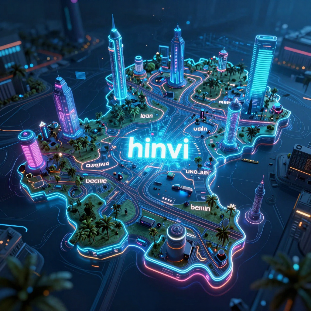 Cyberpunk style digital map of Hinvi, Benin with neon grid lines and futuristic UI design