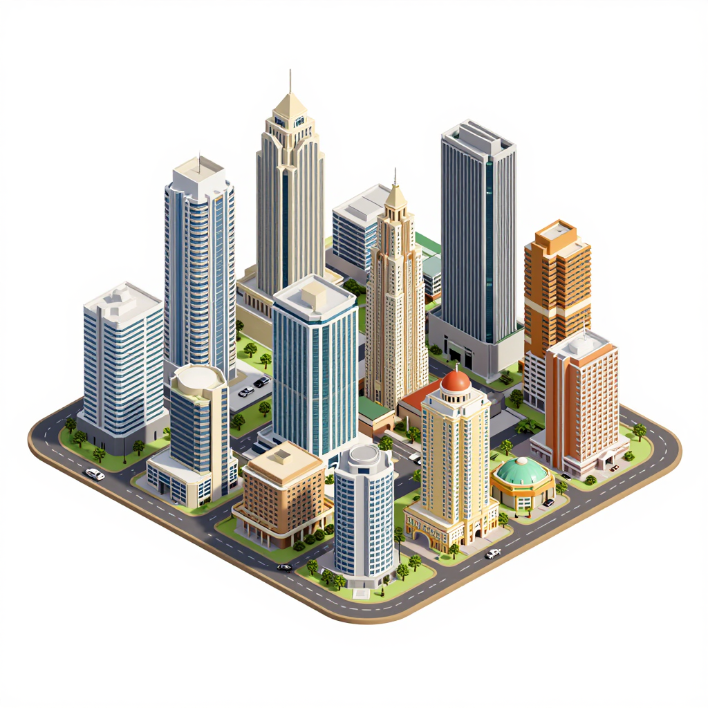 Isometric flat design tourist map of Hinvi, Benin showing landmarks, attractions, and points of interest