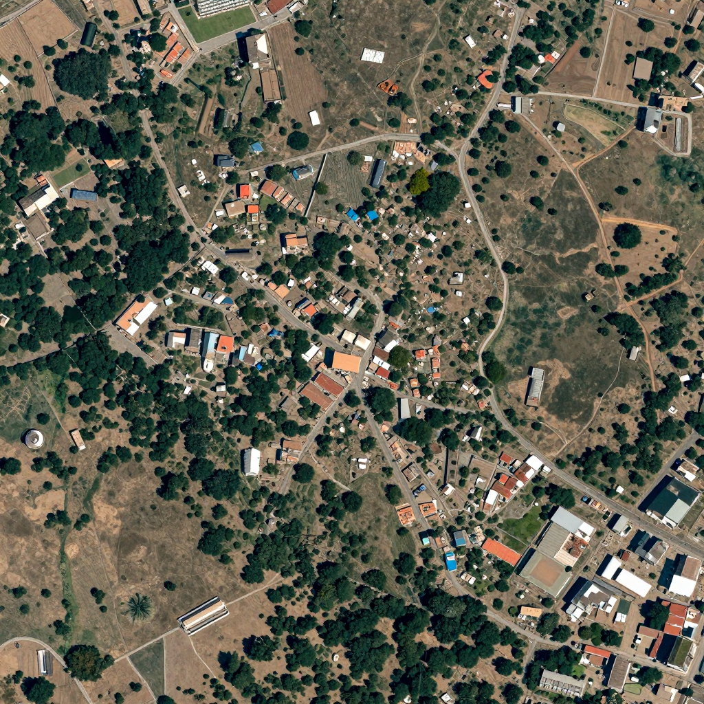 High-resolution satellite image of Hinvi, Benin showing land cover, urban areas, and natural features from space