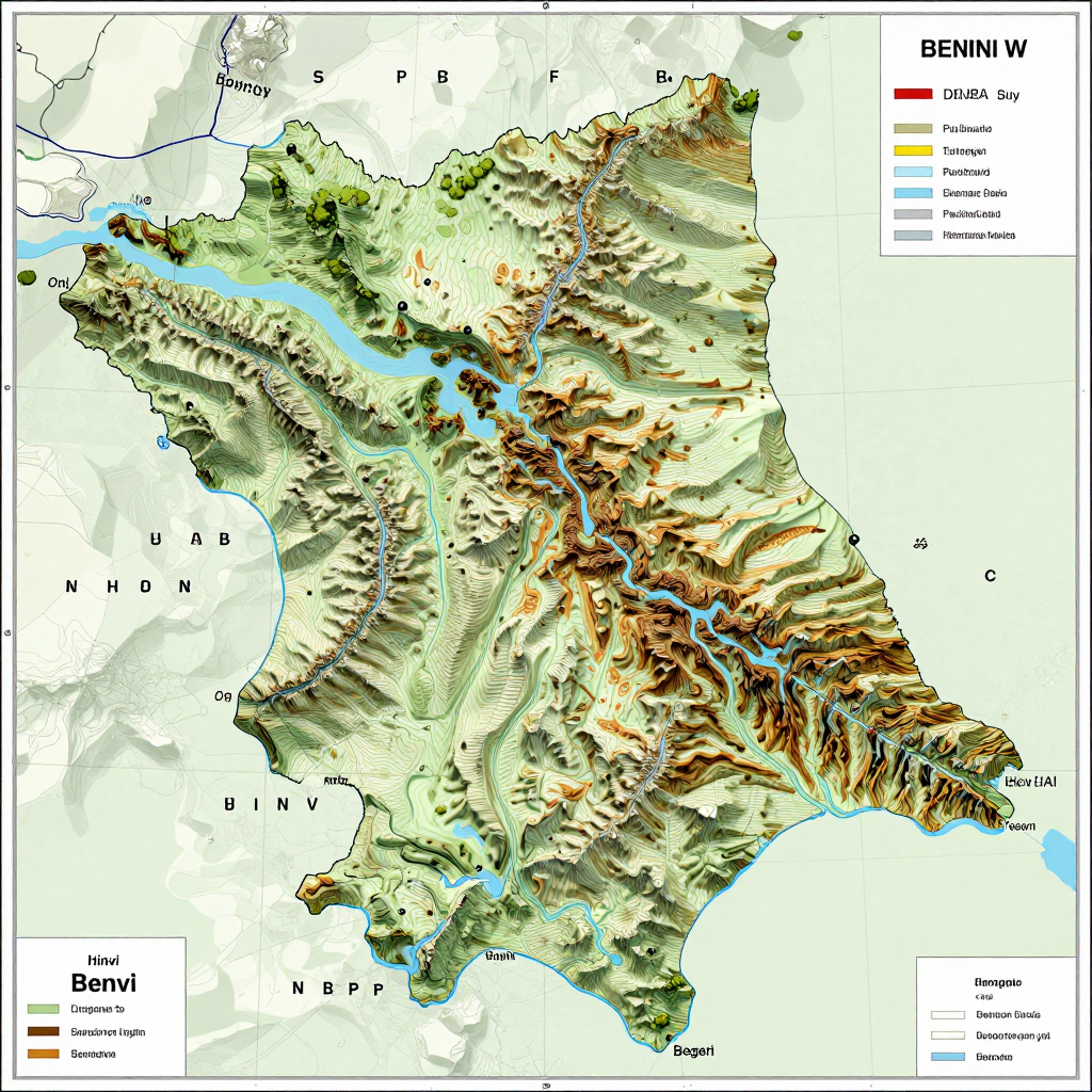 3D topographic map showing elevation contours, mountain ranges, and terrain features of Hinvi, Benin