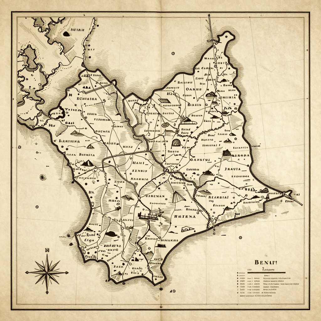 Antique vintage map of Hinvi, Benin showing historical cartography style