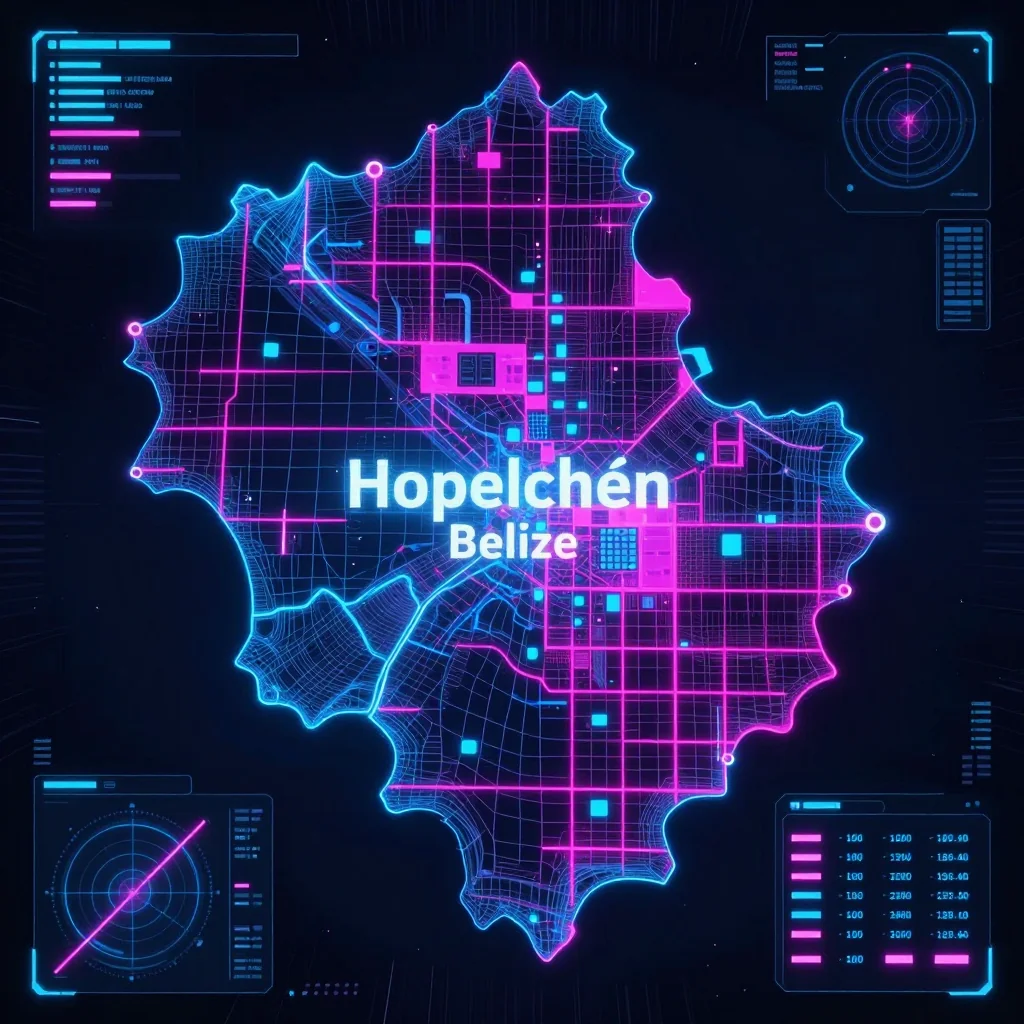 Cyberpunk style digital map of Hopelchén, Belize with neon grid lines and futuristic UI design