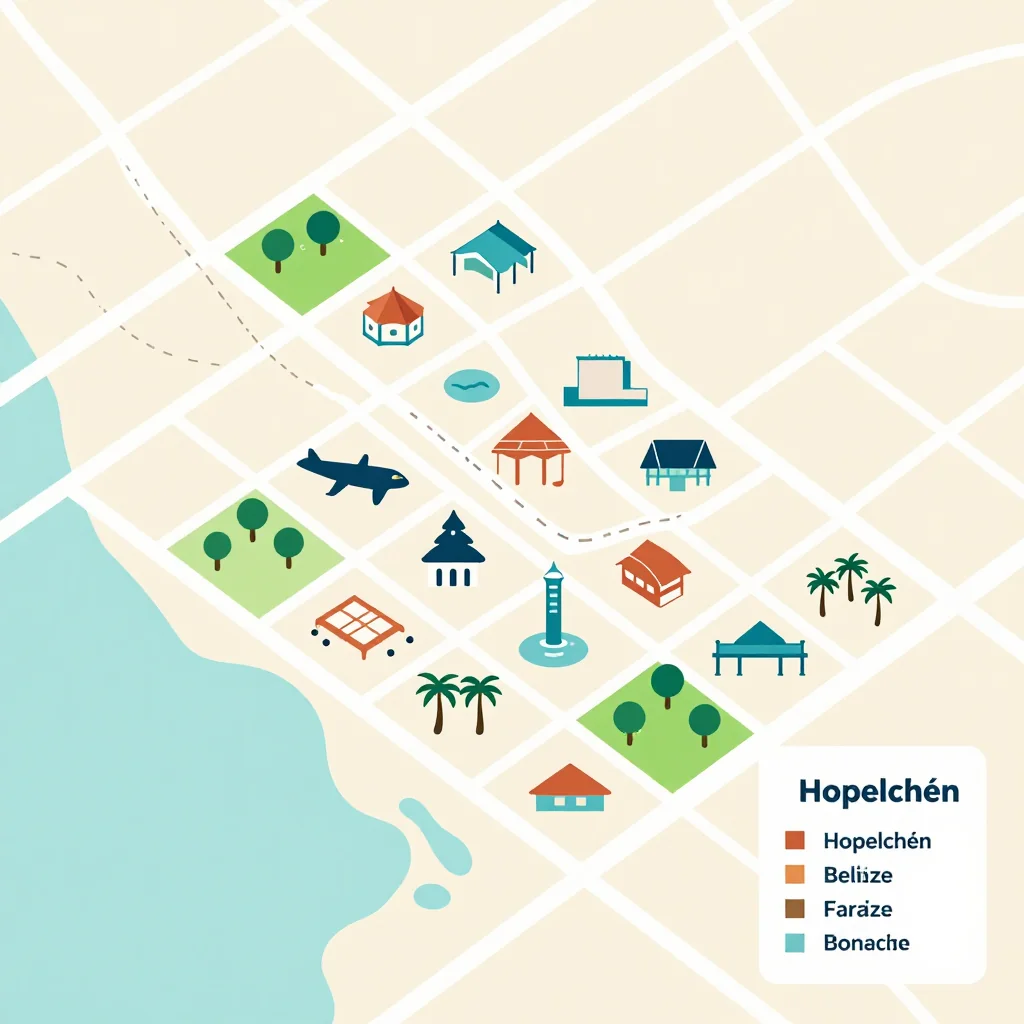 Isometric flat design tourist map of Hopelchén, Belize showing landmarks, attractions, and points of interest
